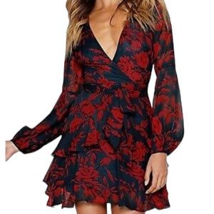 Uguest Red/Navy Floral Surplice Ruffled Mini Dress S
